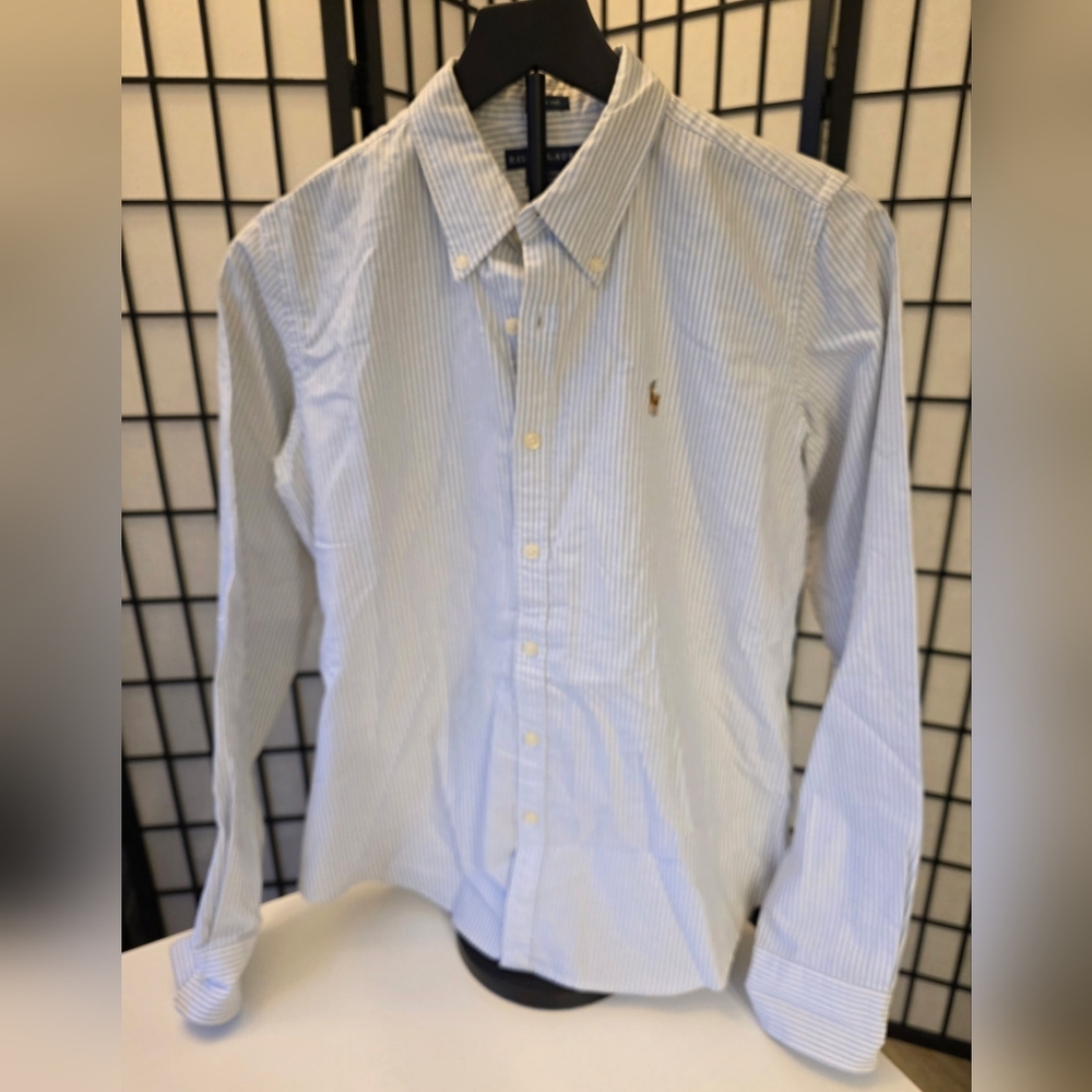 Ralph Lauren Women's Light Blue Striped Slim Fit Polo Button Down ~ Size 10 - Picture 6 of 9